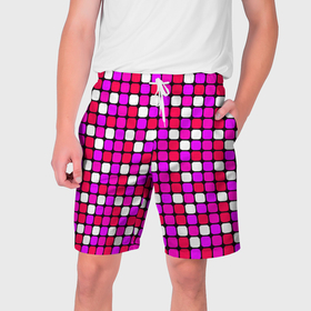 Мужские шорты 3D с принтом Розовые и белые квадраты в Курске,  полиэстер 100% | прямой крой, два кармана без застежек по бокам. Мягкая трикотажная резинка на поясе, внутри которой широкие завязки. Длина чуть выше колен | 