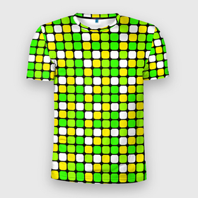 Мужская футболка 3D Slim с принтом Салатовые и белые квадраты в Тюмени, 100% полиэстер с улучшенными характеристиками | приталенный силуэт, круглая горловина, широкие плечи, сужается к линии бедра | 