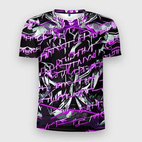 Мужская футболка 3D Slim с принтом Инопланетный текст фиолетовый в Санкт-Петербурге, 100% полиэстер с улучшенными характеристиками | приталенный силуэт, круглая горловина, широкие плечи, сужается к линии бедра | 