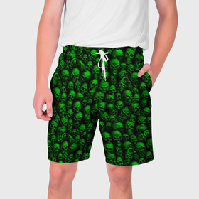Мужские шорты 3D с принтом Зеленые черепа в Новосибирске,  полиэстер 100% | прямой крой, два кармана без застежек по бокам. Мягкая трикотажная резинка на поясе, внутри которой широкие завязки. Длина чуть выше колен | 