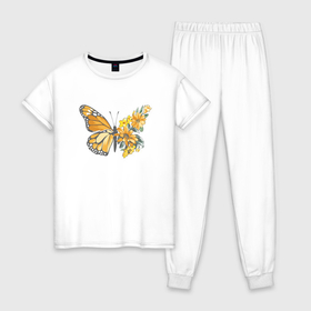 Женская пижама хлопок с принтом Цветы и бабочка в Белгороде, 100% хлопок | брюки и футболка прямого кроя, без карманов, на брюках мягкая резинка на поясе и по низу штанин | 