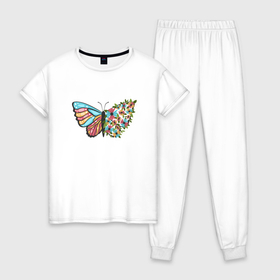 Женская пижама хлопок с принтом Бабочка цветы крылья , 100% хлопок | брюки и футболка прямого кроя, без карманов, на брюках мягкая резинка на поясе и по низу штанин | 