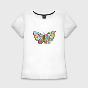 Женская футболка хлопок Slim с принтом Бабочка цветы крылья ,  |  | 