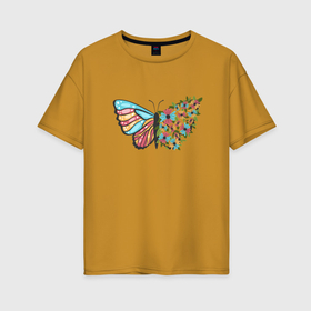 Женская футболка хлопок Oversize с принтом Бабочка цветы крылья в Новосибирске, 100% хлопок | свободный крой, круглый ворот, спущенный рукав, длина до линии бедер
 | 