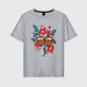 Женская футболка хлопок Oversize с принтом Бабочка в цветах в Новосибирске, 100% хлопок | свободный крой, круглый ворот, спущенный рукав, длина до линии бедер
 | 