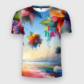 Мужская футболка 3D Slim с принтом Tropic fantasy landscape   aloha в Кировске, 100% полиэстер с улучшенными характеристиками | приталенный силуэт, круглая горловина, широкие плечи, сужается к линии бедра | 