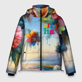 Мужская зимняя куртка 3D с принтом Tropic fantasy landscape   aloha в Екатеринбурге, верх — 100% полиэстер; подкладка — 100% полиэстер; утеплитель — 100% полиэстер | длина ниже бедра, свободный силуэт Оверсайз. Есть воротник-стойка, отстегивающийся капюшон и ветрозащитная планка. 

Боковые карманы с листочкой на кнопках и внутренний карман на молнии. | 