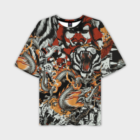 Мужская футболка oversize 3D с принтом Самурай дракон и тигр ,  |  | Тематика изображения на принте: 