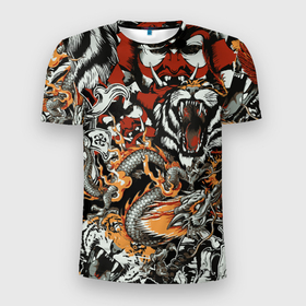 Мужская футболка 3D Slim с принтом Самурай дракон и тигр , 100% полиэстер с улучшенными характеристиками | приталенный силуэт, круглая горловина, широкие плечи, сужается к линии бедра | Тематика изображения на принте: 