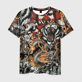 Мужская футболка 3D с принтом Самурай дракон и тигр в Петрозаводске, 100% полиэфир | прямой крой, круглый вырез горловины, длина до линии бедер | 