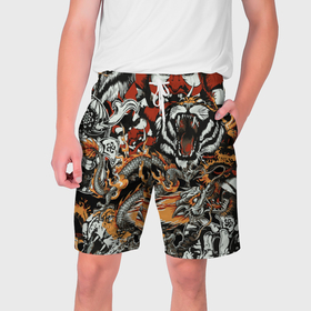 Мужские шорты 3D с принтом Самурай дракон и тигр в Тюмени,  полиэстер 100% | прямой крой, два кармана без застежек по бокам. Мягкая трикотажная резинка на поясе, внутри которой широкие завязки. Длина чуть выше колен | 