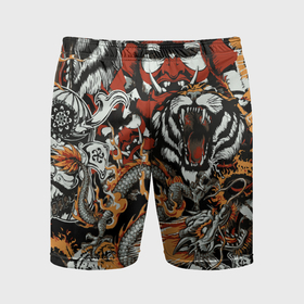 Мужские шорты спортивные с принтом Самурай дракон и тигр ,  |  | Тематика изображения на принте: 