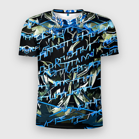 Мужская футболка 3D Slim с принтом Инопланетный текст синий в Санкт-Петербурге, 100% полиэстер с улучшенными характеристиками | приталенный силуэт, круглая горловина, широкие плечи, сужается к линии бедра | 