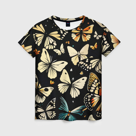 Женская футболка 3D с принтом Крылья бабочек на черном в Курске, 100% полиэфир ( синтетическое хлопкоподобное полотно) | прямой крой, круглый вырез горловины, длина до линии бедер | 