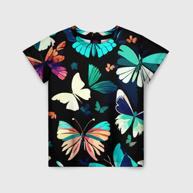 Детская футболка 3D с принтом Бирюзовые бабочки паттерн в Екатеринбурге, 100% гипоаллергенный полиэфир | прямой крой, круглый вырез горловины, длина до линии бедер, чуть спущенное плечо, ткань немного тянется | 