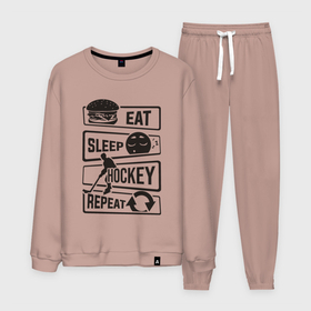 Мужской костюм хлопок с принтом Eat sleep hockey в Екатеринбурге, 100% хлопок | на свитшоте круглая горловина, мягкая резинка по низу. Брюки заужены к низу, на них два вида карманов: два “обычных” по бокам и два объемных, с клапанами, расположенные ниже линии бедра. Брюки с мягкой трикотажной резинкой на поясе и по низу штанин. В поясе для дополнительного комфорта — широкие завязки | Тематика изображения на принте: 