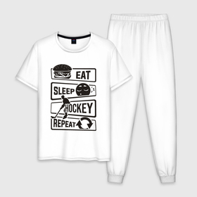 Мужская пижама хлопок с принтом Eat sleep hockey , 100% хлопок | брюки и футболка прямого кроя, без карманов, на брюках мягкая резинка на поясе и по низу штанин
 | Тематика изображения на принте: 