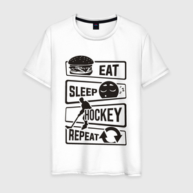 Мужская футболка хлопок с принтом Eat sleep hockey в Петрозаводске, 100% хлопок | прямой крой, круглый вырез горловины, длина до линии бедер, слегка спущенное плечо. | Тематика изображения на принте: 