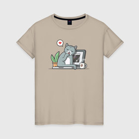 Женская футболка хлопок с принтом Кошечка чистюля в Тюмени, 100% хлопок | прямой крой, круглый вырез горловины, длина до линии бедер, слегка спущенное плечо | 