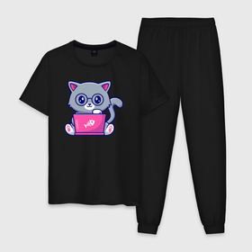 Мужская пижама хлопок с принтом Котик в очках с ноутбуком , 100% хлопок | брюки и футболка прямого кроя, без карманов, на брюках мягкая резинка на поясе и по низу штанин
 | 