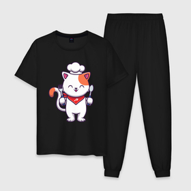 Мужская пижама хлопок с принтом Кот поварёнок , 100% хлопок | брюки и футболка прямого кроя, без карманов, на брюках мягкая резинка на поясе и по низу штанин
 | 