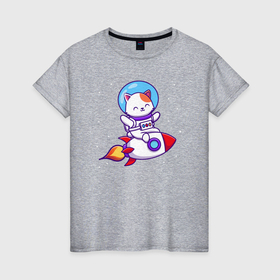 Женская футболка хлопок с принтом Полёт кота на ракете в Кировске, 100% хлопок | прямой крой, круглый вырез горловины, длина до линии бедер, слегка спущенное плечо | 