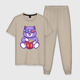 Мужская пижама хлопок с принтом Кот в кино , 100% хлопок | брюки и футболка прямого кроя, без карманов, на брюках мягкая резинка на поясе и по низу штанин
 | Тематика изображения на принте: 