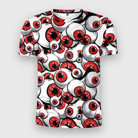 Мужская футболка 3D Slim с принтом Красные глазные яблоки в Новосибирске, 100% полиэстер с улучшенными характеристиками | приталенный силуэт, круглая горловина, широкие плечи, сужается к линии бедра | Тематика изображения на принте: 