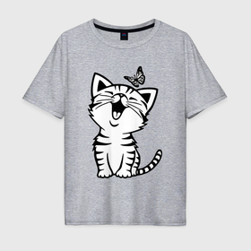 Мужская футболка хлопок Oversize с принтом Счастливый белый котенок в Курске, 100% хлопок | свободный крой, круглый ворот, “спинка” длиннее передней части | 