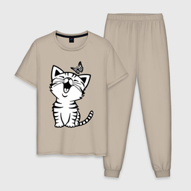 Мужская пижама хлопок с принтом Счастливый белый котенок в Курске, 100% хлопок | брюки и футболка прямого кроя, без карманов, на брюках мягкая резинка на поясе и по низу штанин
 | 