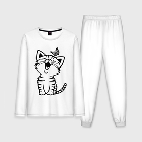 Мужская пижама с лонгсливом хлопок с принтом Счастливый белый котенок в Курске,  |  | 