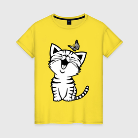 Женская футболка хлопок с принтом Счастливый белый котенок в Санкт-Петербурге, 100% хлопок | прямой крой, круглый вырез горловины, длина до линии бедер, слегка спущенное плечо | 