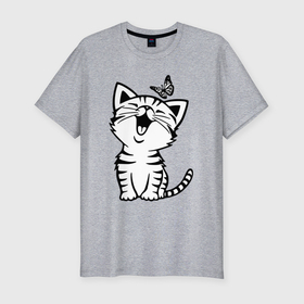 Мужская футболка хлопок Slim с принтом Счастливый белый котенок в Кировске, 92% хлопок, 8% лайкра | приталенный силуэт, круглый вырез ворота, длина до линии бедра, короткий рукав | 