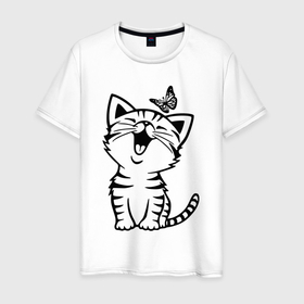 Мужская футболка хлопок с принтом Счастливый белый котенок в Екатеринбурге, 100% хлопок | прямой крой, круглый вырез горловины, длина до линии бедер, слегка спущенное плечо. | 