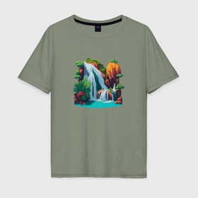 Мужская футболка хлопок Oversize с принтом Остров с водопадом в Тюмени, 100% хлопок | свободный крой, круглый ворот, “спинка” длиннее передней части | 