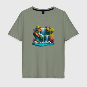 Мужская футболка хлопок Oversize с принтом Пейзаж водопада в Тюмени, 100% хлопок | свободный крой, круглый ворот, “спинка” длиннее передней части | 