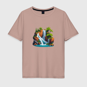 Мужская футболка хлопок Oversize с принтом Остров с водопадом , 100% хлопок | свободный крой, круглый ворот, “спинка” длиннее передней части | 