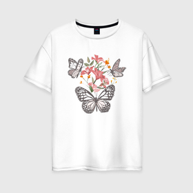 Женская футболка хлопок Oversize с принтом Бабочки в цветах в Новосибирске, 100% хлопок | свободный крой, круглый ворот, спущенный рукав, длина до линии бедер
 | 