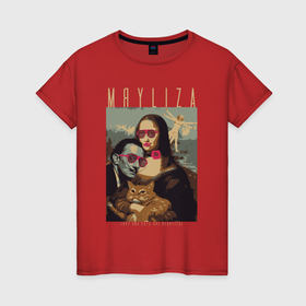 Женская футболка хлопок с принтом Мяулиза Джаконда Дали и котейка в Кировске, 100% хлопок | прямой крой, круглый вырез горловины, длина до линии бедер, слегка спущенное плечо | 