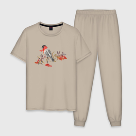 Мужская пижама хлопок с принтом Снегирь на ветке с ягодами рябины , 100% хлопок | брюки и футболка прямого кроя, без карманов, на брюках мягкая резинка на поясе и по низу штанин
 | 