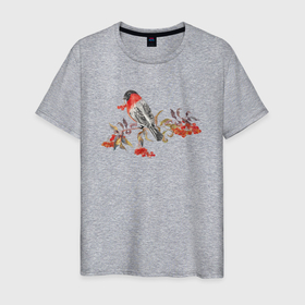 Мужская футболка хлопок с принтом Снегирь на ветке с ягодами рябины в Санкт-Петербурге, 100% хлопок | прямой крой, круглый вырез горловины, длина до линии бедер, слегка спущенное плечо. | 