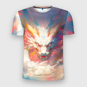 Мужская футболка 3D Slim с принтом Небесный дракон в облаках в Белгороде, 100% полиэстер с улучшенными характеристиками | приталенный силуэт, круглая горловина, широкие плечи, сужается к линии бедра | Тематика изображения на принте: 