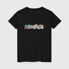 Женская футболка хлопок с принтом Summer and flowers , 100% хлопок | прямой крой, круглый вырез горловины, длина до линии бедер, слегка спущенное плечо | 