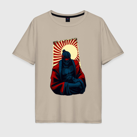 Мужская футболка хлопок Oversize с принтом Самурай скелет на закате в Белгороде, 100% хлопок | свободный крой, круглый ворот, “спинка” длиннее передней части | 