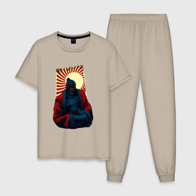 Мужская пижама хлопок с принтом Самурай скелет на закате в Белгороде, 100% хлопок | брюки и футболка прямого кроя, без карманов, на брюках мягкая резинка на поясе и по низу штанин
 | 