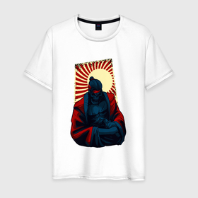 Мужская футболка хлопок с принтом Самурай скелет на закате в Белгороде, 100% хлопок | прямой крой, круглый вырез горловины, длина до линии бедер, слегка спущенное плечо. | 