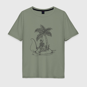 Мужская футболка хлопок Oversize с принтом Скелет ловит рыбу в Курске, 100% хлопок | свободный крой, круглый ворот, “спинка” длиннее передней части | 