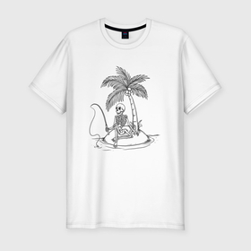 Мужская футболка хлопок Slim с принтом Скелет ловит рыбу в Тюмени, 92% хлопок, 8% лайкра | приталенный силуэт, круглый вырез ворота, длина до линии бедра, короткий рукав | Тематика изображения на принте: 