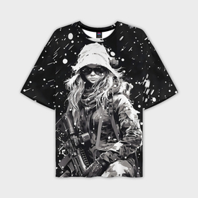 Мужская футболка oversize 3D с принтом Девушка воин зимней ночью в Кировске,  |  | Тематика изображения на принте: 