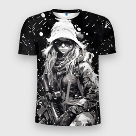 Мужская футболка 3D Slim с принтом Девушка воин зимней ночью в Кировске, 100% полиэстер с улучшенными характеристиками | приталенный силуэт, круглая горловина, широкие плечи, сужается к линии бедра | Тематика изображения на принте: 